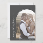 Moderne Boho Arch | Grijze foto Trouw Kerstmis Save The Date (Voorkant)