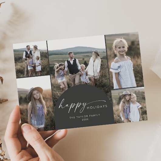 Moderne Boho Arch | Grijze Multi Fotofamilie Feestdagenkaart