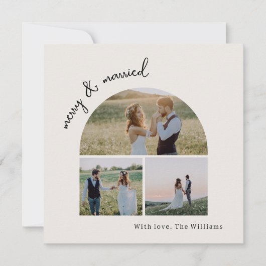 Moderne Boho Arch Groen Vrolijk & Getrouwd Drie Fo Feestdagenkaart (Voorkant)