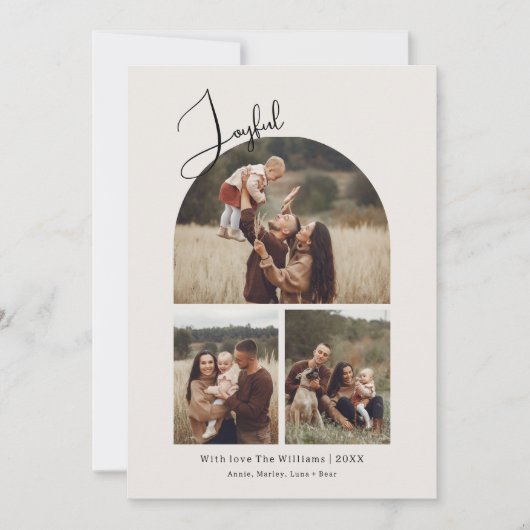 Moderne Boho Arch Joyful Groen 3 Foto Kerstmis Feestdagenkaart (Voorkant)