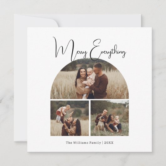 Moderne Boho Arch Merry Alles Drie Foto Feestdagenkaart (Voorkant)