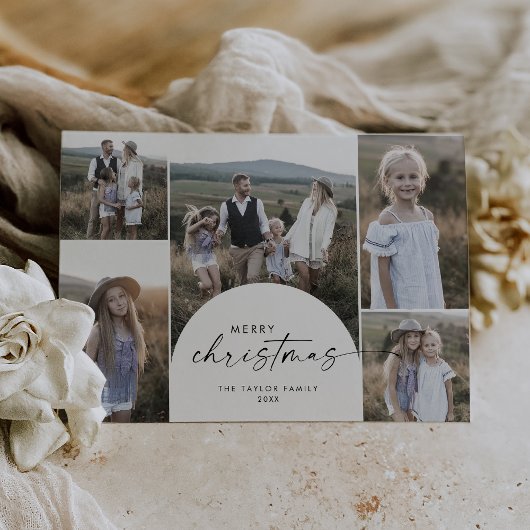Moderne Boho Arch Multi Foto Vrolijk Kerstfeest Feestdagenkaart