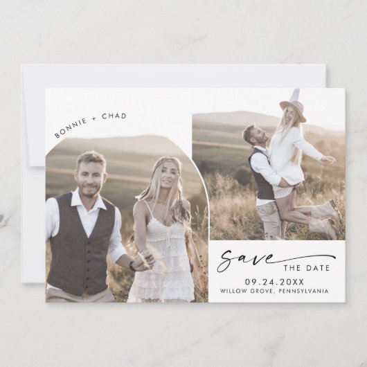 Moderne Boho Arch QR Code 3 Foto Save The Date (Voorkant)