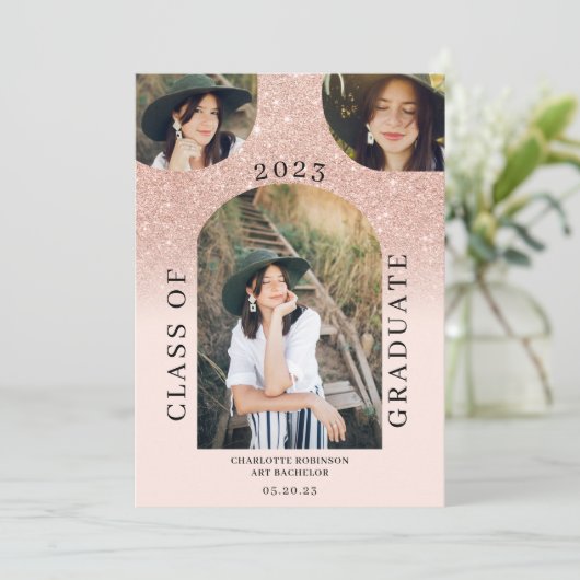 Moderne boho arch roos goudroze 4 foto-afstuderen kaart (Staand voorkant)