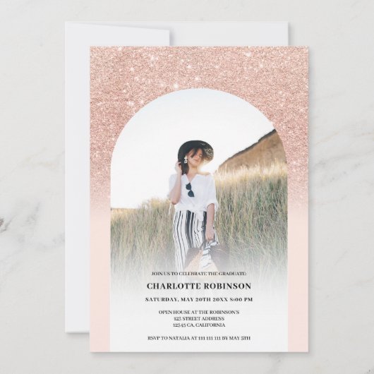 Moderne boho arch roos goudroze 4 foto-afstuderen kaart (Achterkant)