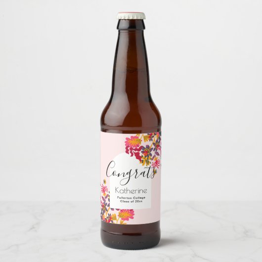 Moderne Boho Arch Roze Bloemen Afstudeerfeest Bier Etiket (Voorkant)