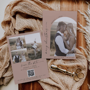 Moderne Boho Arch Zalm foto trouwen Kerstmis Save The Date