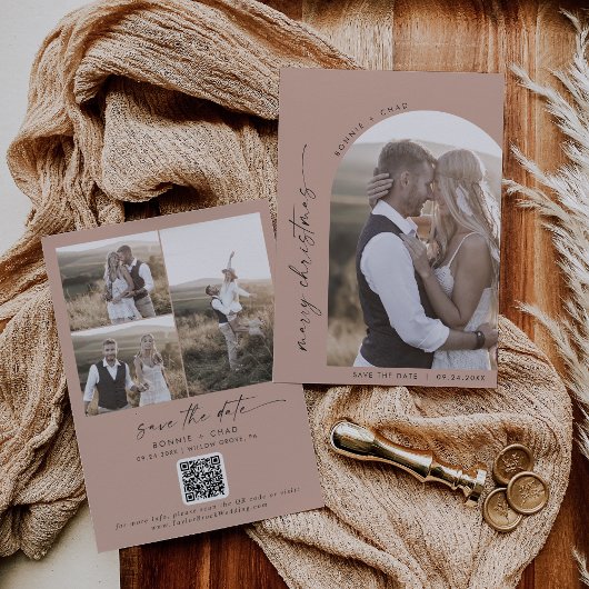Moderne Boho Arch | Zalm foto trouwen Kerstmis Save The Date