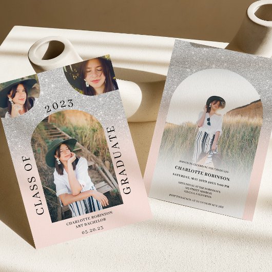 Moderne boho arch zilverroze 4 foto-afstuderen kaart