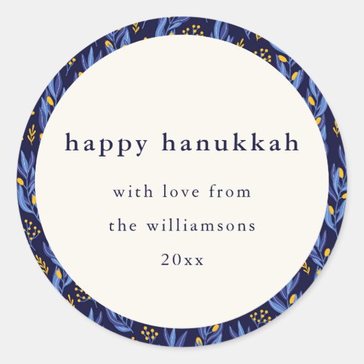 Moderne Boho Blauw Geel Chanoeka Botanische Aangep Ronde Sticker (Voorkant)