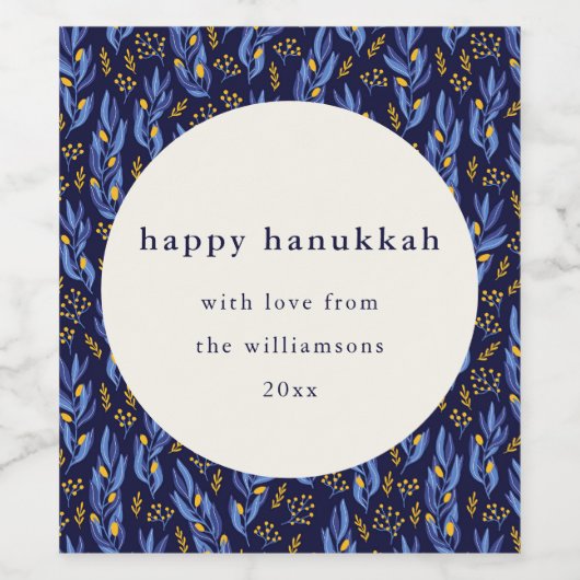 Moderne Boho Blauw Geel Chanoeka Botanische Aangep Wijn Etiket (Enkel label)