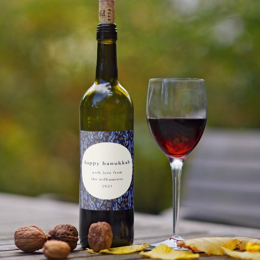 Moderne Boho Blauw Geel Chanoeka Botanische Aangep Wijn Etiket