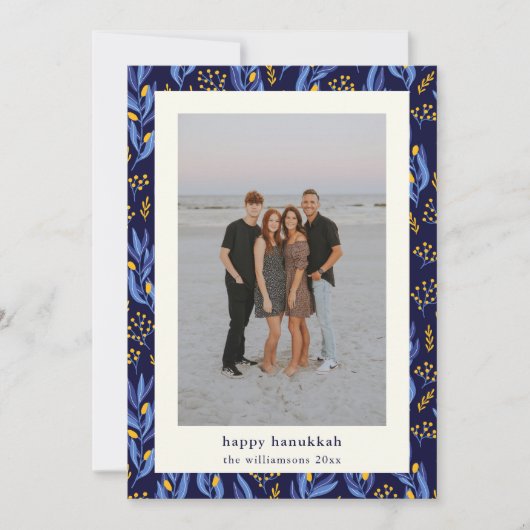 Moderne Boho Blauw Geel Chanoeka Botanische Foto Feestdagenkaart (Voorkant)