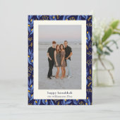 Moderne Boho Blauw Geel Chanoeka Botanische Foto Feestdagenkaart (Staand voorkant)