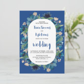Moderne Boho blauwe bloemenboog script bruiloft Kaart (Staand voorkant)