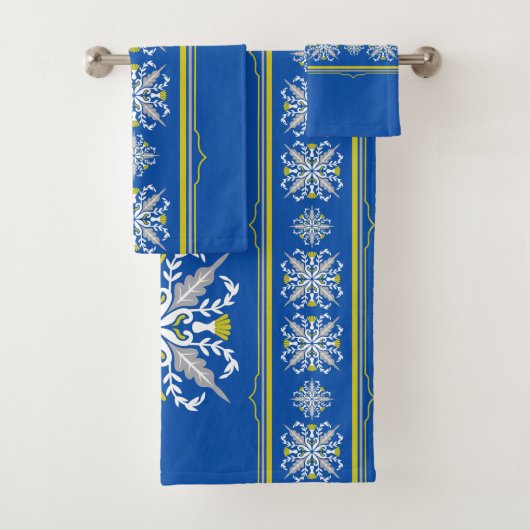 Moderne Boho Blauwe en Gele Naadloze Textuur Bad Handdoek (Insitu)