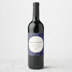 Moderne Boho Blauwe Gele Hanukkah Botanische Aange Wijn Etiket