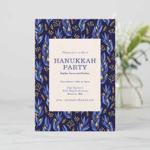Moderne Boho Blauwe Gouden Bloemige Hanukkah Feest Kaart