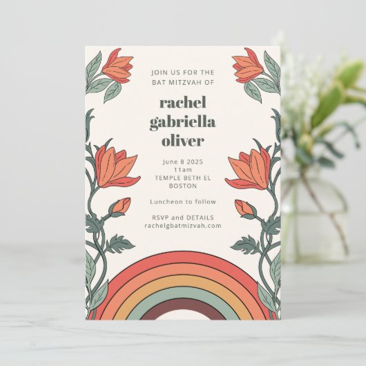 Moderne Boho Bloem Regenboog Bat Mitzvah Koraal Sa Kaart (Staand voorkant)