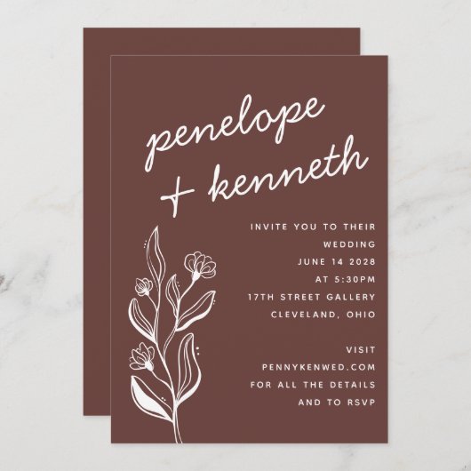 Moderne Boho Bloemen Aardige Herfst Bruine bruilof Kaart (Voorkant / Achterkant)