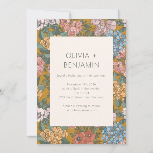 Moderne Boho Bloemen Gele Groene Aardse Bruiloft Kaart (Voorkant)