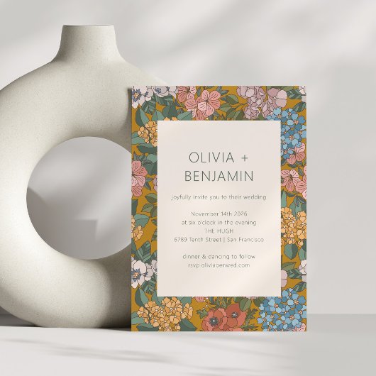 Moderne Boho Bloemen Gele Groene Aardse Bruiloft Kaart