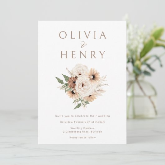 Moderne Boho Bloemen Minimale Bruiloft Kaart (Staand voorkant)