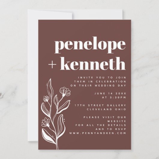 Moderne Boho Bloemen Minimalistische Bruine Huweli Kaart (Voorkant)