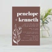 Moderne Boho Bloemen Minimalistische Bruine Huweli Kaart (Staand voorkant)