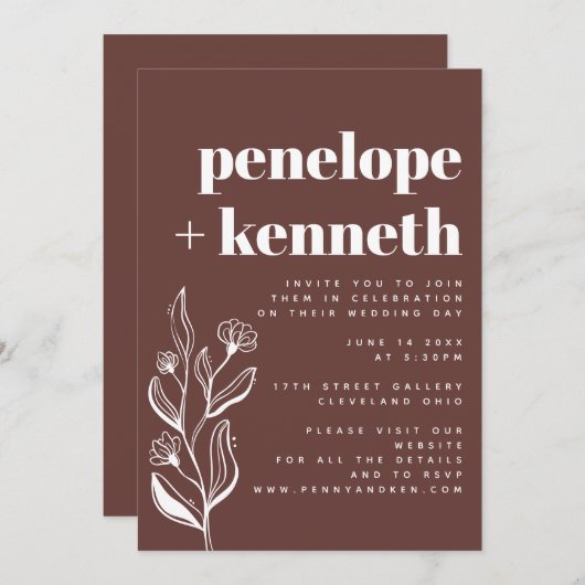 Moderne Boho Bloemen Minimalistische Bruine Huweli Kaart (Voorkant / Achterkant)