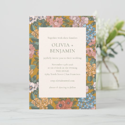 Moderne Boho Bloemen Mosterd Geel Aarde Bruiloft Kaart (Staand voorkant)