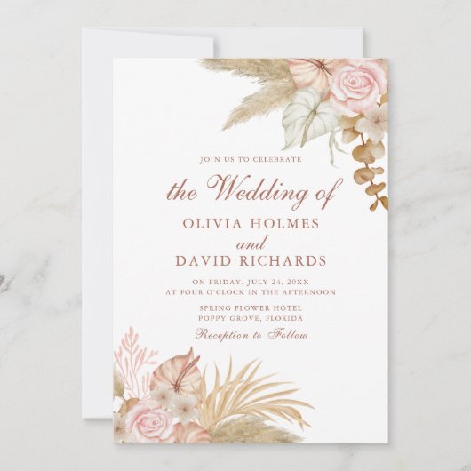 Moderne Boho Bloemen Pampas Grass Bruiloft Kaart (Voorkant)