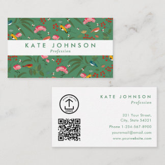 Moderne Boho Bloemen Vogels Roze Groen Kleurig Visitekaartje