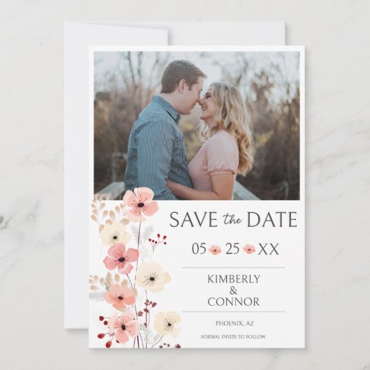 Moderne Boho Bloemenfoto Save the Date | Wit (Voorkant)