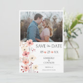 Moderne Boho Bloemenfoto Save the Date | Wit (Staand voorkant)