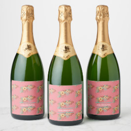 Moderne Boho Bloemenroze Sparkling Wijnetiket