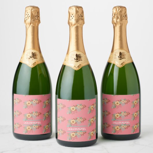 Moderne Boho Bloemenroze Sparkling Wijnetiket (Flessen)