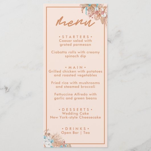 Moderne Boho Bloemige Bruiloft Menu (Voorkant)