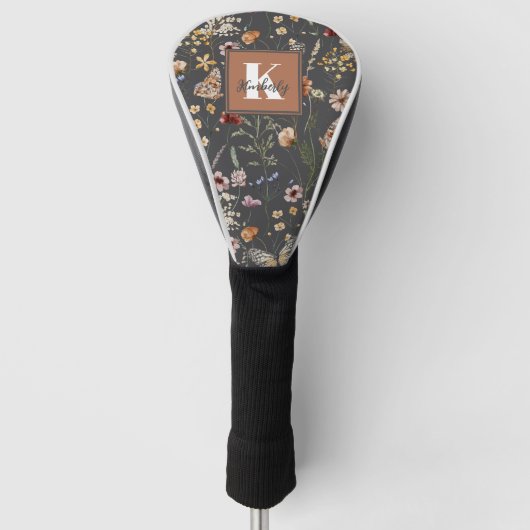 Moderne Boho Bloemige Monogram Naam Golfheadcover (Voorkant)