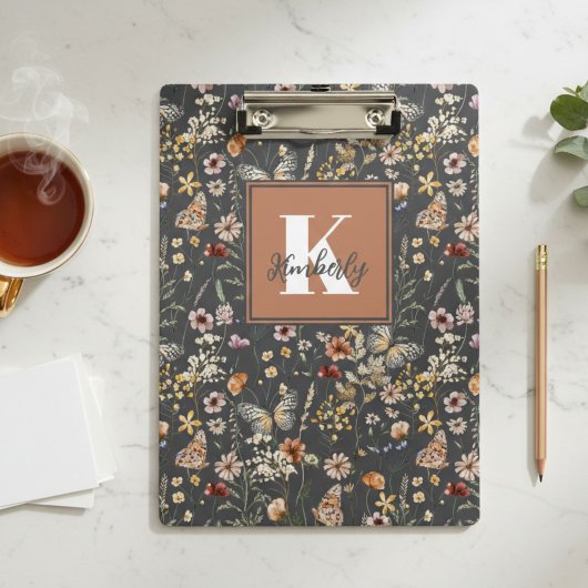Moderne Boho Bloemige Monogram Naam Klembord