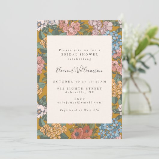 Moderne Boho Bloemige Mosterd Gele Bruiloft Borrel Kaart (Staand voorkant)