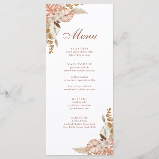 Moderne Boho Bloemige Pampagras Bruiloft Menu (Voorkant)