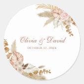 Moderne Boho Bloemige Pampas Gras Bruiloft Ronde Sticker (Voorkant)