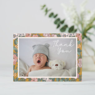 Moderne Boho Bloemige Twee Foto Baby Shower Berich Bedankkaart