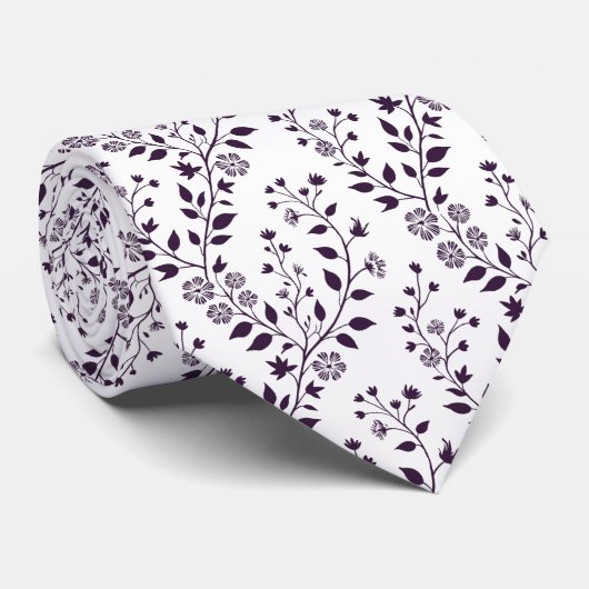 Moderne Boho Bloemmotief Pr Plum Wit Stropdas (Opgerold)