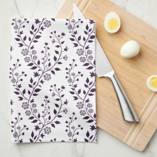 Moderne Boho Bloempatroon Pr Plum Wit Theedoek (Quarter Fold)
