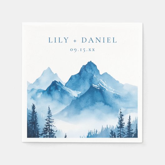 Moderne Boho Blue Waterverf Mountains bruiloft Servet (Voorkant)