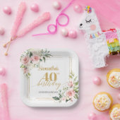 Moderne Boho blush roze bloemengoud 40e verjaardag Papieren Bordje (Feest)