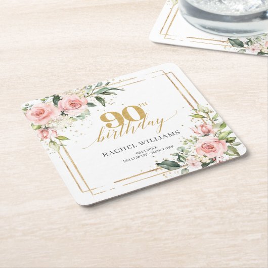 Moderne Boho blush roze bloemengoud 90ste verjaard Kartonnen Onderzetters (Schuin)