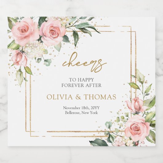 Moderne Boho blush roze bloemengoud glitter bruilo Likeurfles Etiket (Enkel label)